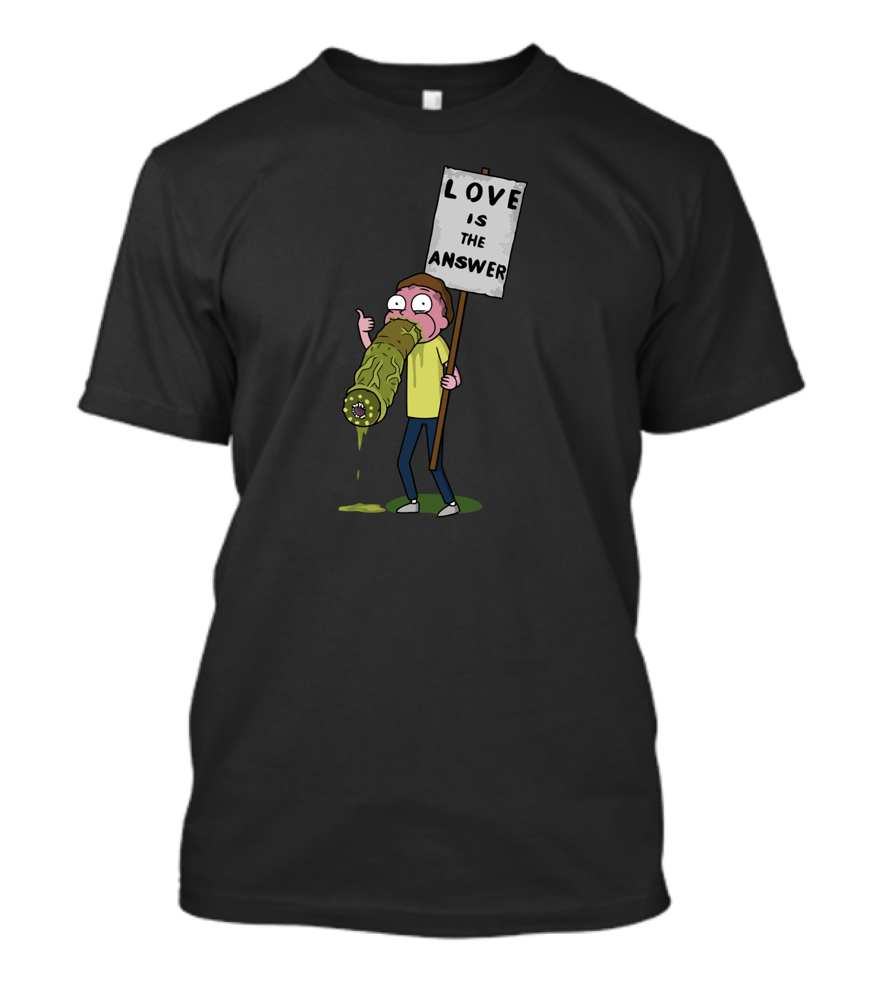 Love Is The Answer Sign With Cartoon Character Eating Green Monster T-Shirt