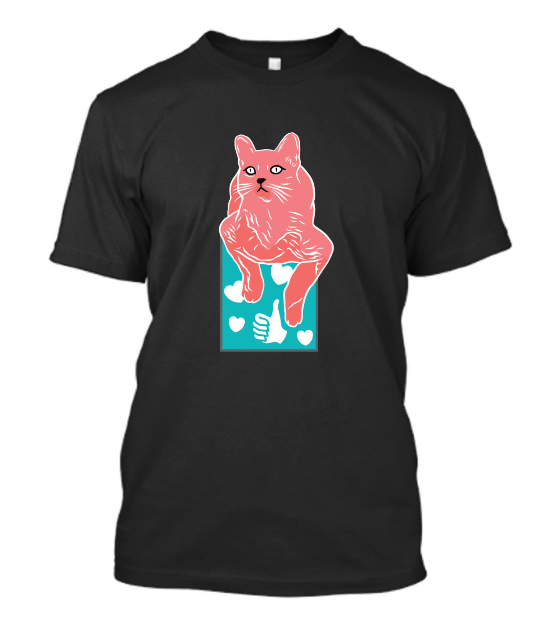 Meh Cat Pink Illustration With Hearts And Thumbs Up T-Shirt