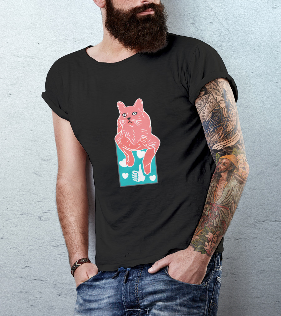 Meh Cat Pink Illustration With Hearts And Thumbs Up T-Shirt