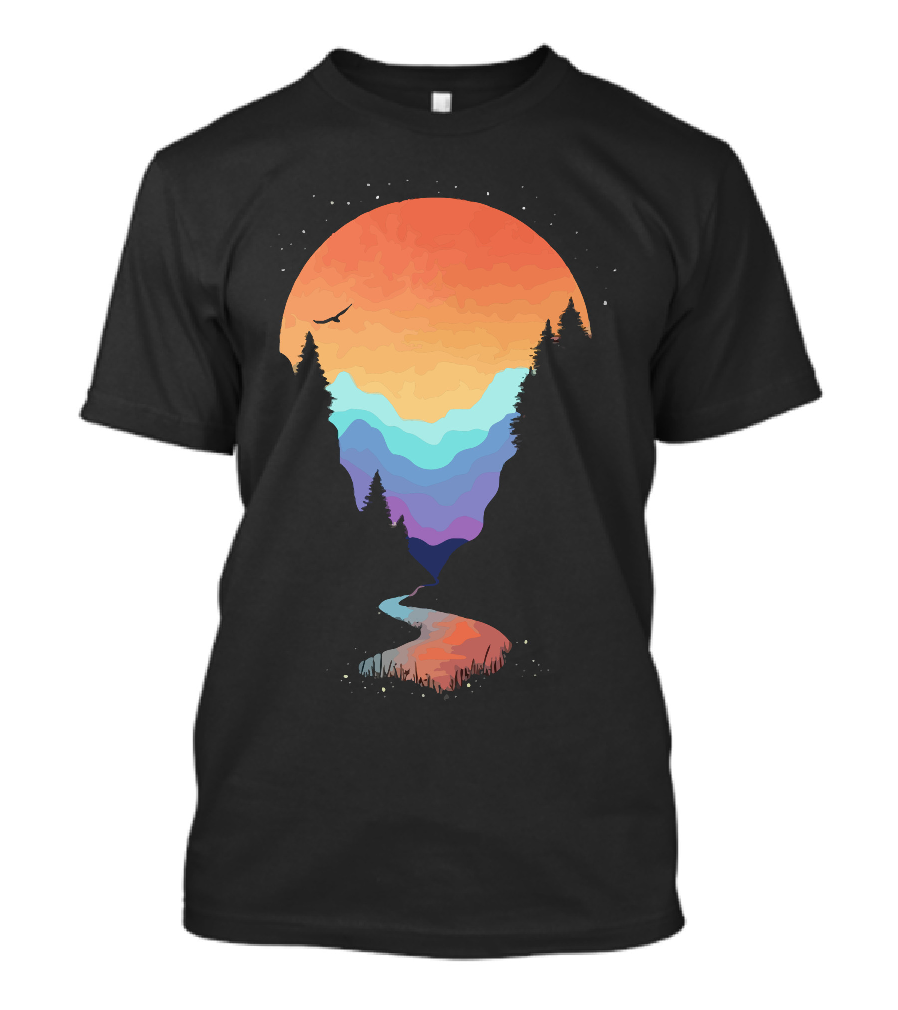 Mountain Stream Sunset With Colorful Layers And Silhouetted Pine Trees T-Shirt