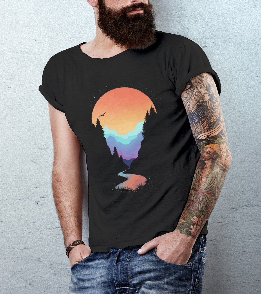 Mountain Stream Sunset With Colorful Layers And Silhouetted Pine Trees T-Shirt