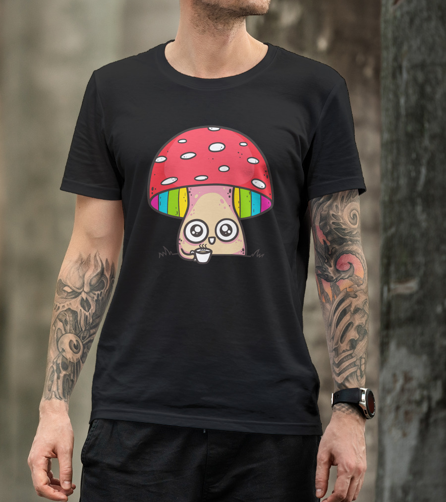 Tea Time Mushroom With Rainbow Cap And Cute Eyes T-Shirt