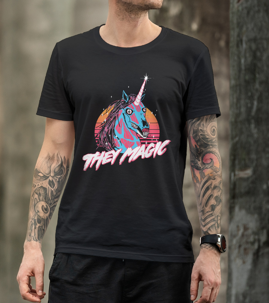 They Magic Retro Unicorn With Vibrant Colors And Sunset Background T-Shirt