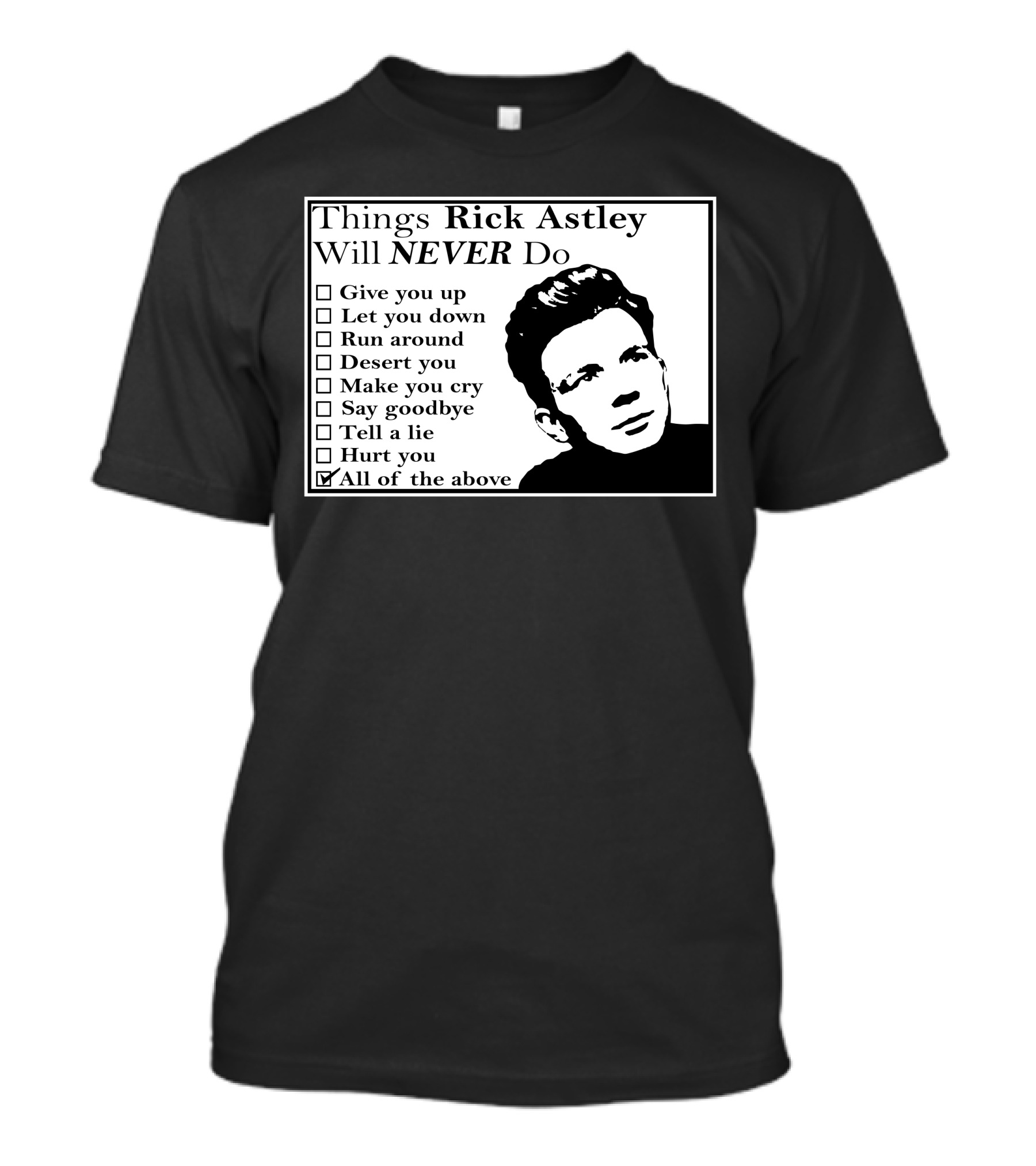 Things Rick Astley Will Never Do Give You Up Let You Down Run Around Desert You Make You Cry Say Goodbye Tell A Lie Hurt You All Of The Above T-Shirt