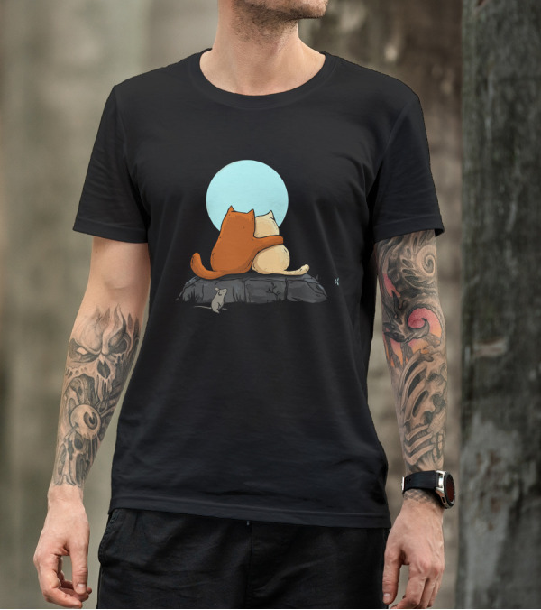 Two Cats Cuddling Under The Moon With Mouse Observing T-Shirt
