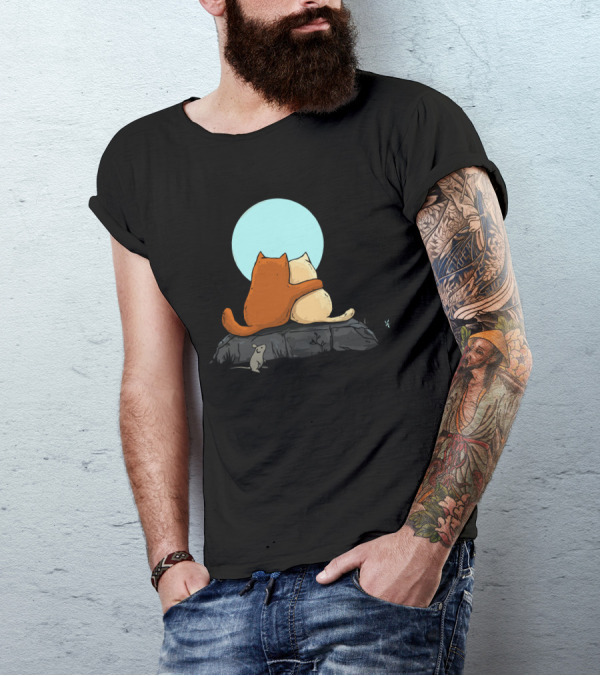 Two Cats Cuddling Under The Moon With Mouse Observing T-Shirt