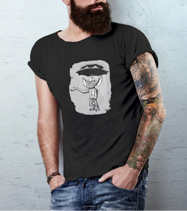 Umbrella Gremlin Creature Banksy Style Graffiti Monochrome T-Shirt