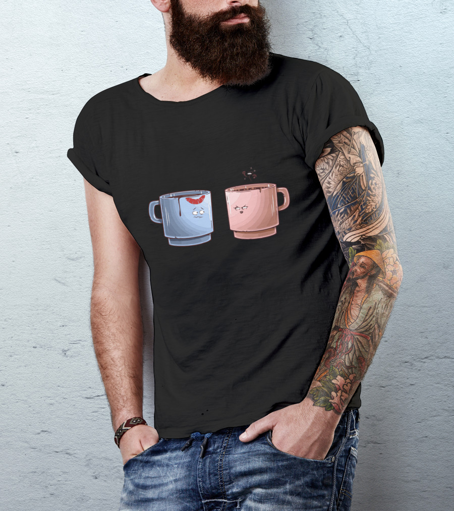 Unfaithful Coffee Mugs With Lipstick And Suspicious Expressions T-Shirt