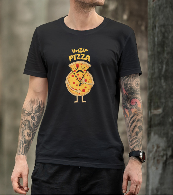 Unzip The Pizza Cartoon Slice With Mustache And Zipper Pull T-Shirt