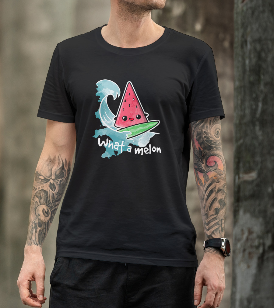 What A Melon Surfing Wave Kawaii Watermelon Slice T-Shirt