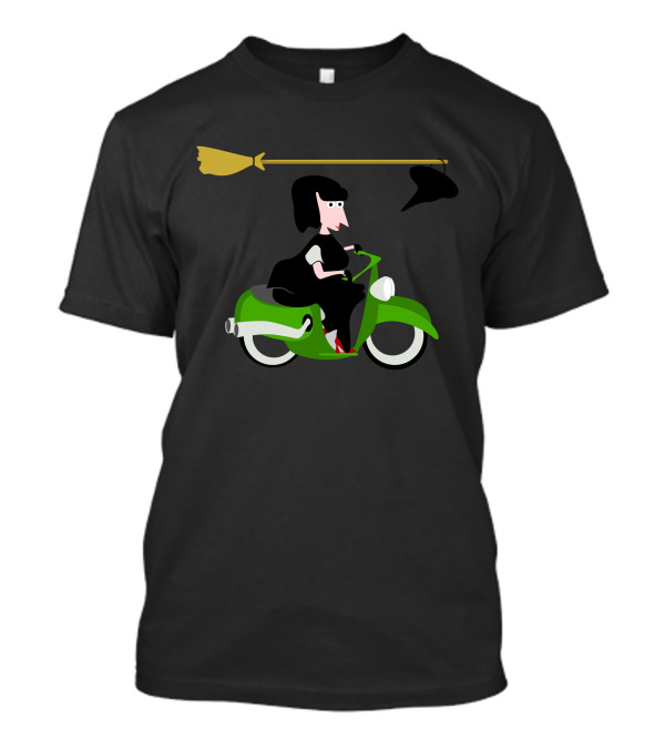Witch On Green Moped With Broom And Hat Overhead T-Shirt