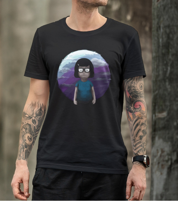 Writer Cartoon Character With Glasses And Dark Hair In Blue In Front Of Purple And Blue Sky T-Shirt