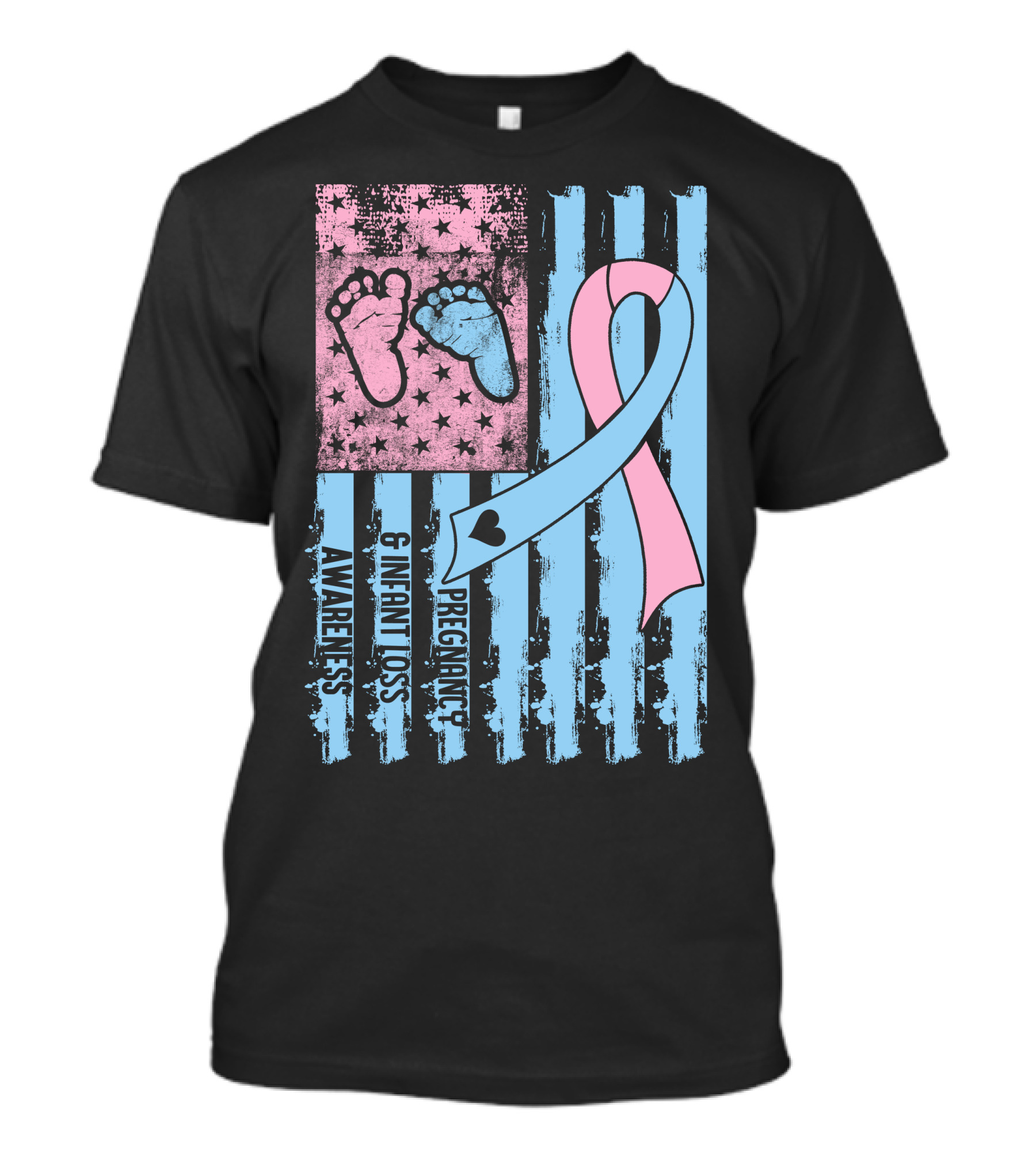 Pregnancy And Infant Loss Awareness Ribbon With American Flag And Baby Footprints T-Shirt