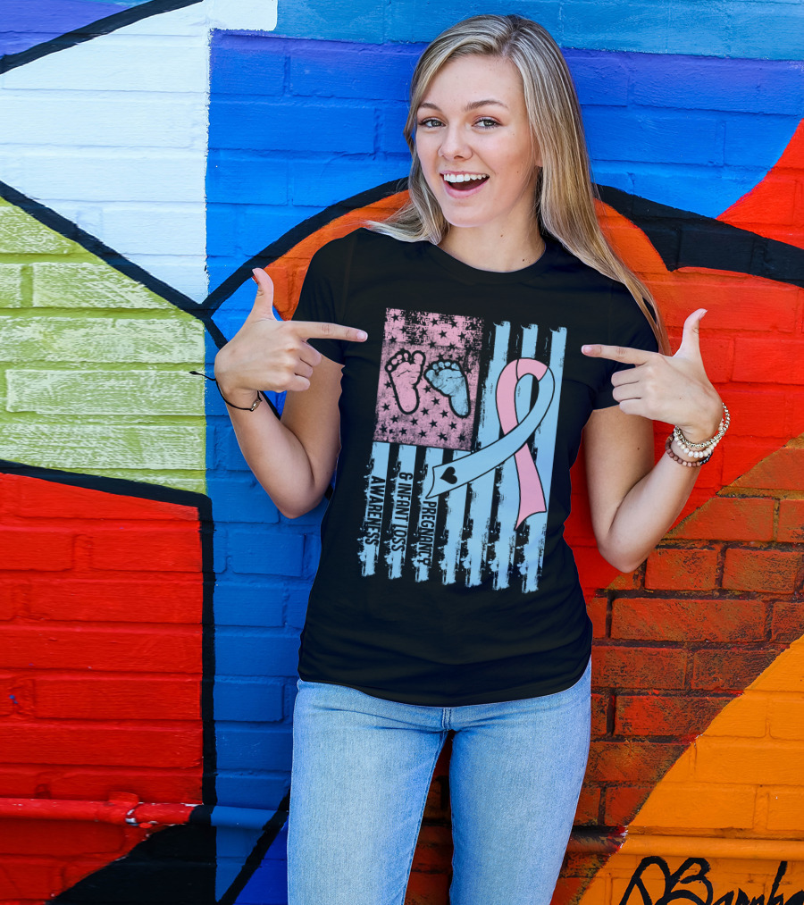 Pregnancy And Infant Loss Awareness Ribbon With American Flag And Baby Footprints T-Shirt
