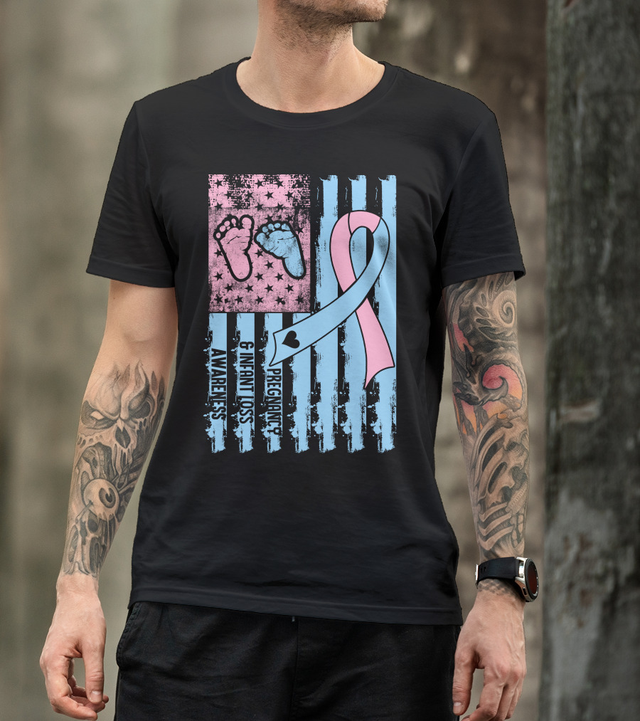 Pregnancy And Infant Loss Awareness Ribbon With American Flag And Baby Footprints T-Shirt