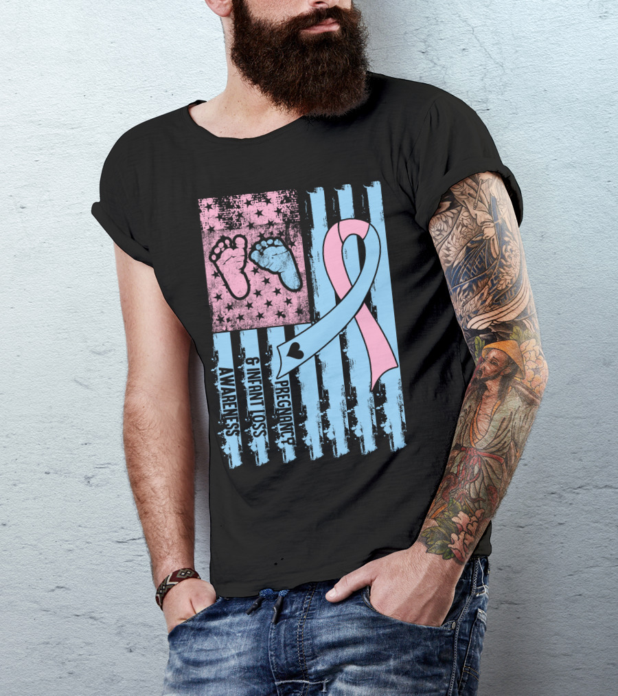 Pregnancy And Infant Loss Awareness Ribbon With American Flag And Baby Footprints T-Shirt