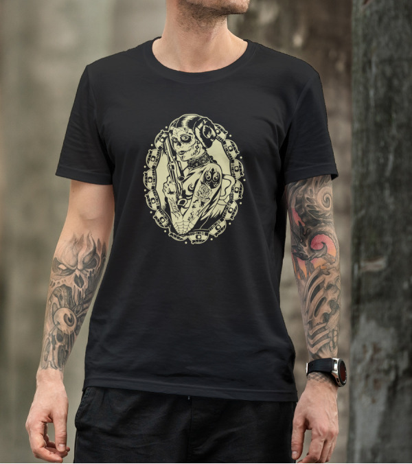 Rebellion Princess Sugar Skull Gunfighter Icon In Sci-Fi Oval Frame T-Shirt