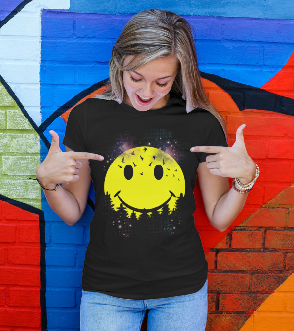Smiley Face Moon With Birds And Night Sky T-Shirt