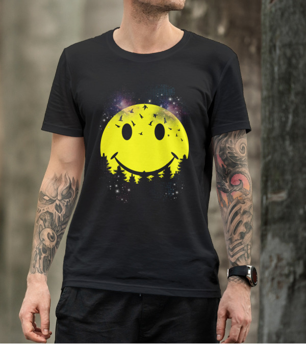 Smiley Face Moon With Birds And Night Sky T-Shirt
