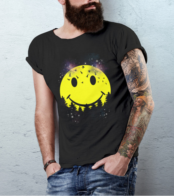 Smiley Face Moon With Birds And Night Sky T-Shirt