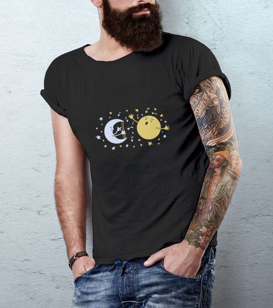 Musical Moon Plays Melody To Singing Sun Surrounded By Stars T-Shirt