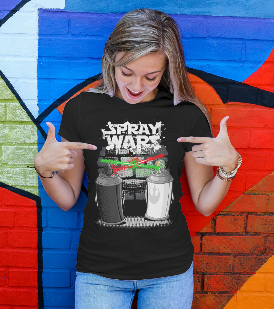 Spray Wars Black And White Aerosol Duel With Galactic Motifs T-Shirt