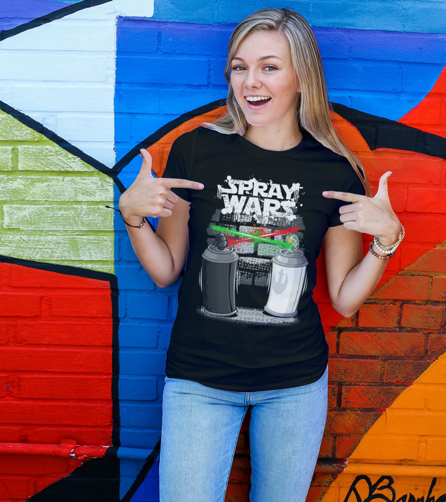 Spray Wars Black And White Aerosol Duel With Galactic Motifs T-Shirt