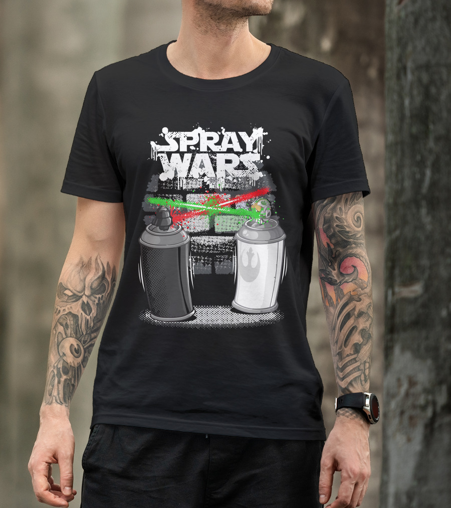 Spray Wars Black And White Aerosol Duel With Galactic Motifs T-Shirt