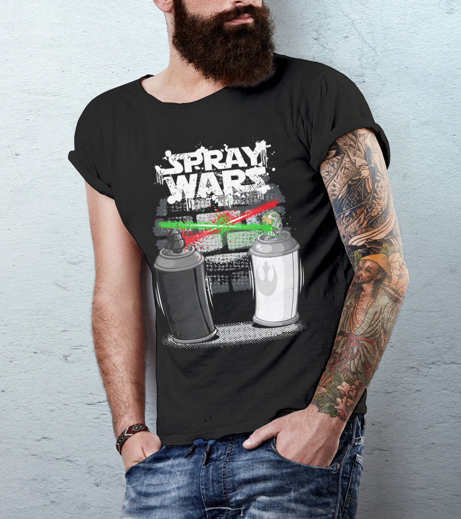 Spray Wars Black And White Aerosol Duel With Galactic Motifs T-Shirt