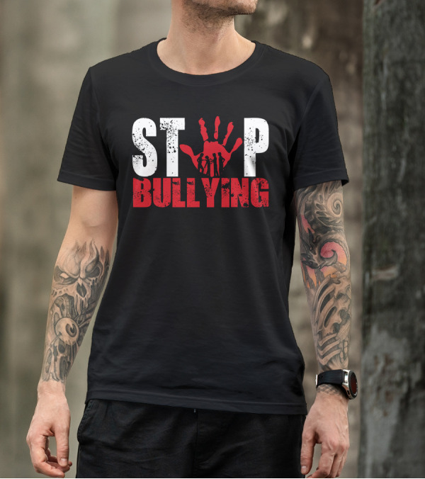 STOP Bullying Red Handprint With Dark Silhouette Figures T-Shirt