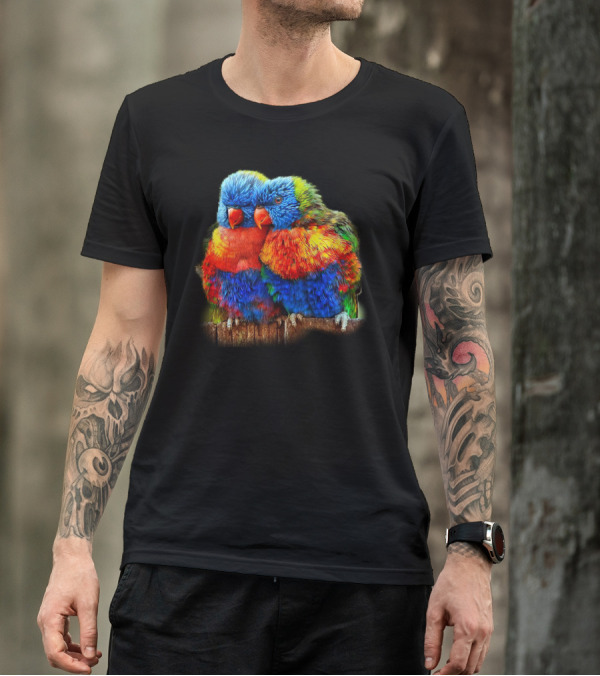 Colorful Rainbow Lori Birds Cuddling Together T-Shirt