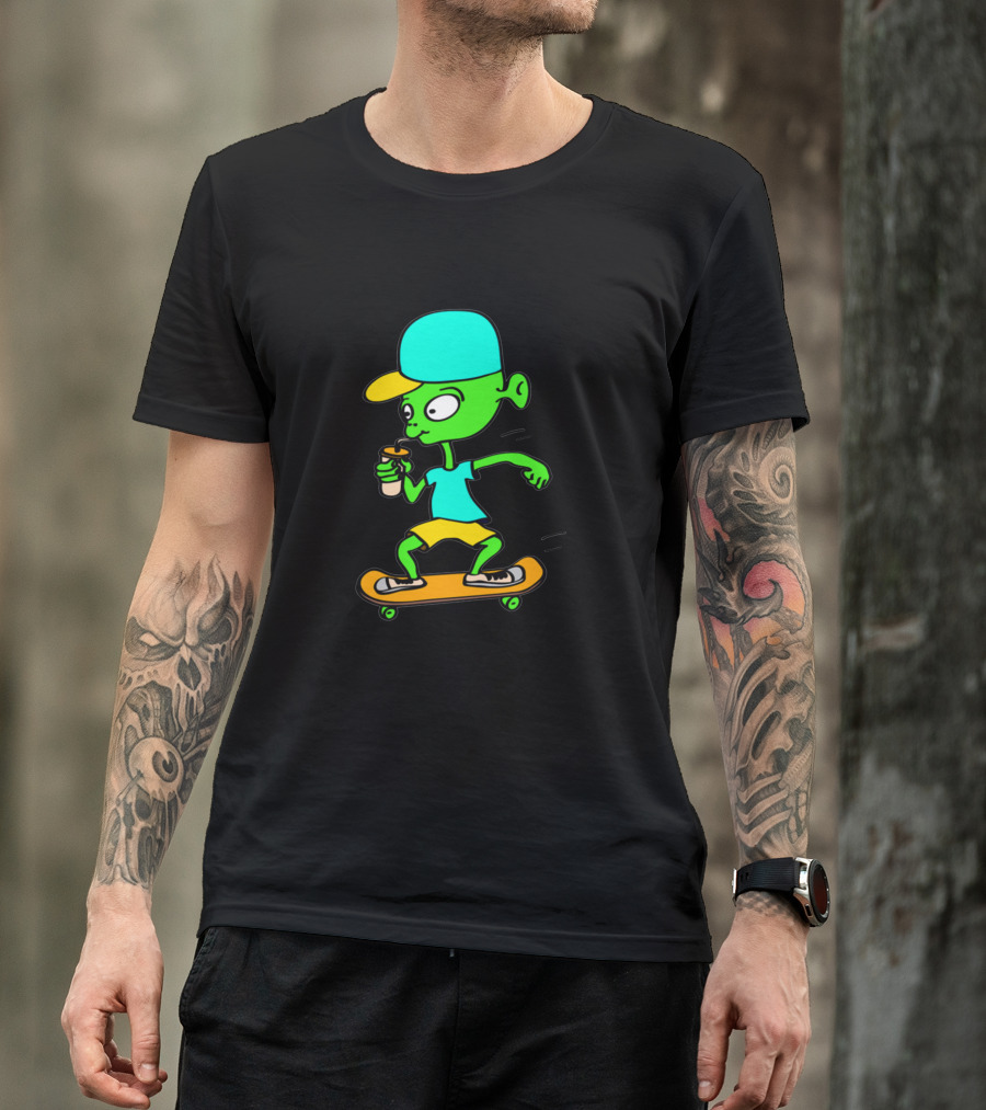 Aliens Skateboarder With Drink Bright Colors T-Shirt