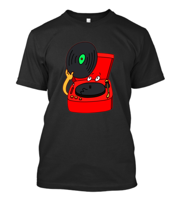 An Old Musical Instrument Record Player With Cartoon Vinyl Record T-Shirt