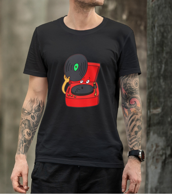 An Old Musical Instrument Record Player With Cartoon Vinyl Record T-Shirt