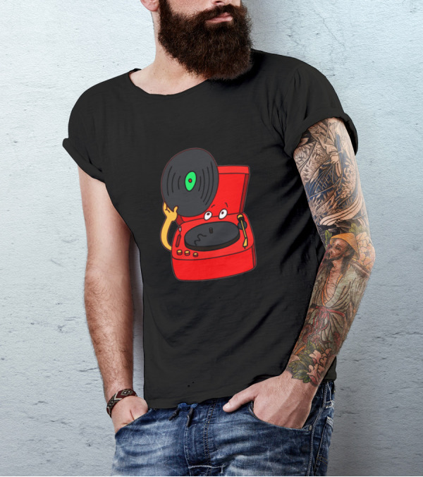An Old Musical Instrument Record Player With Cartoon Vinyl Record T-Shirt