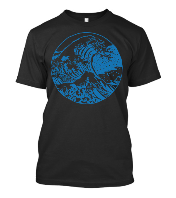Great Wave Off Kanagawa Ukiyo-e Blue Circle T-Shirt