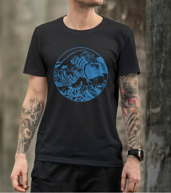 Great Wave Off Kanagawa Ukiyo-e Blue Circle T-Shirt
