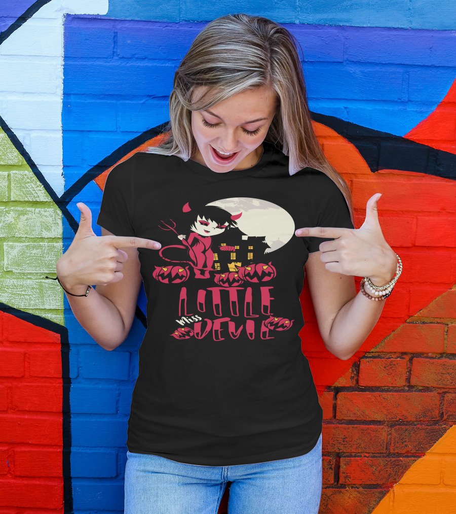 Halloween Little Miss Devil Moonlight Pumpkin Scene T-Shirt