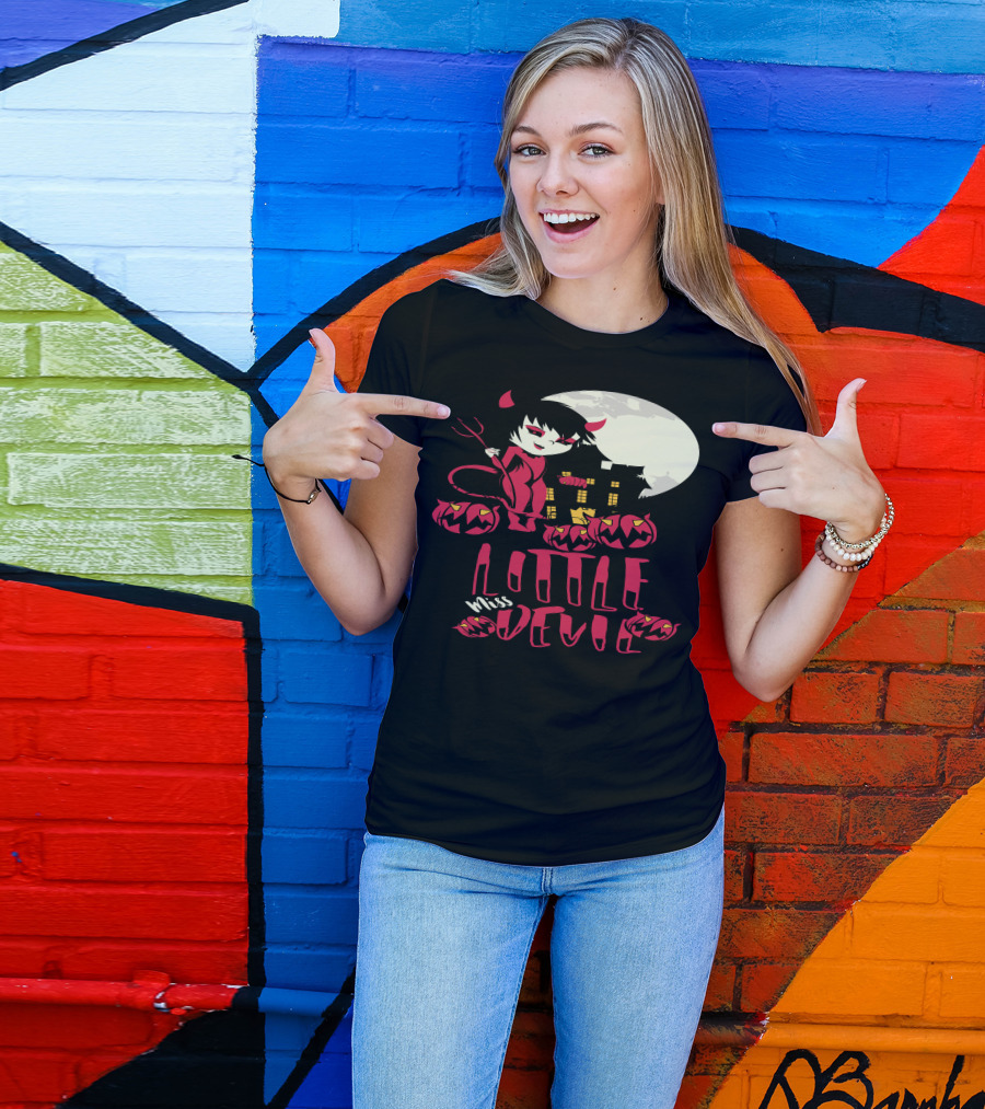 Halloween Little Miss Devil Moonlight Pumpkin Scene T-Shirt