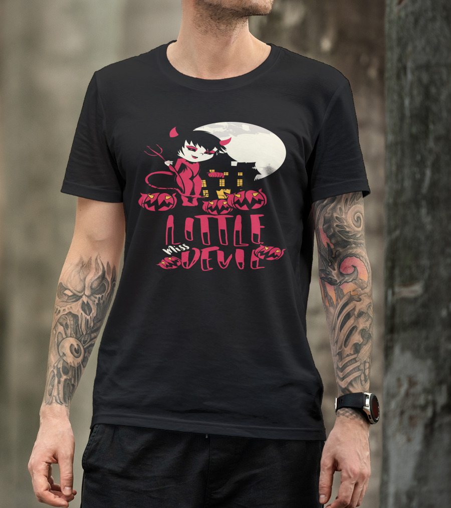 Halloween Little Miss Devil Moonlight Pumpkin Scene T-Shirt