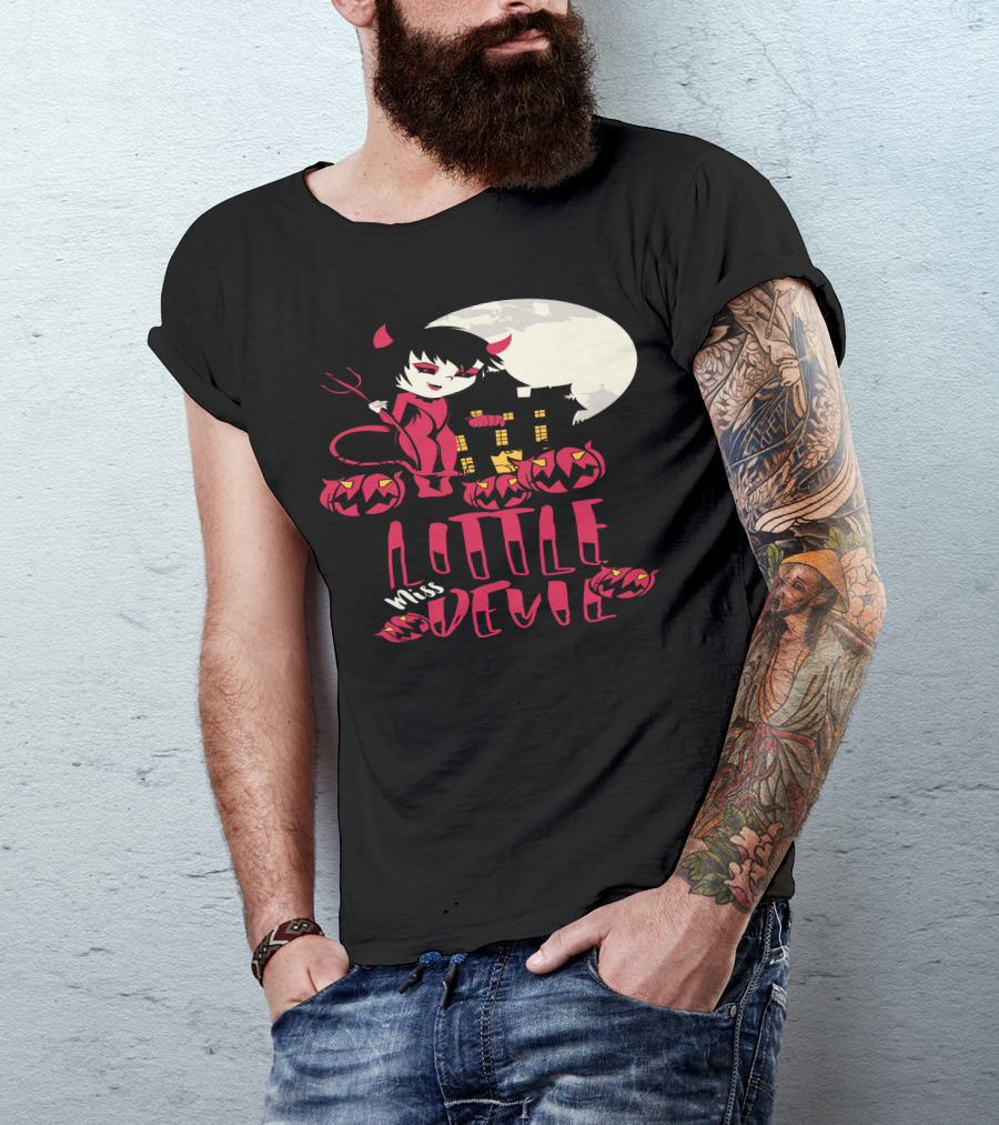 Halloween Little Miss Devil Moonlight Pumpkin Scene T-Shirt