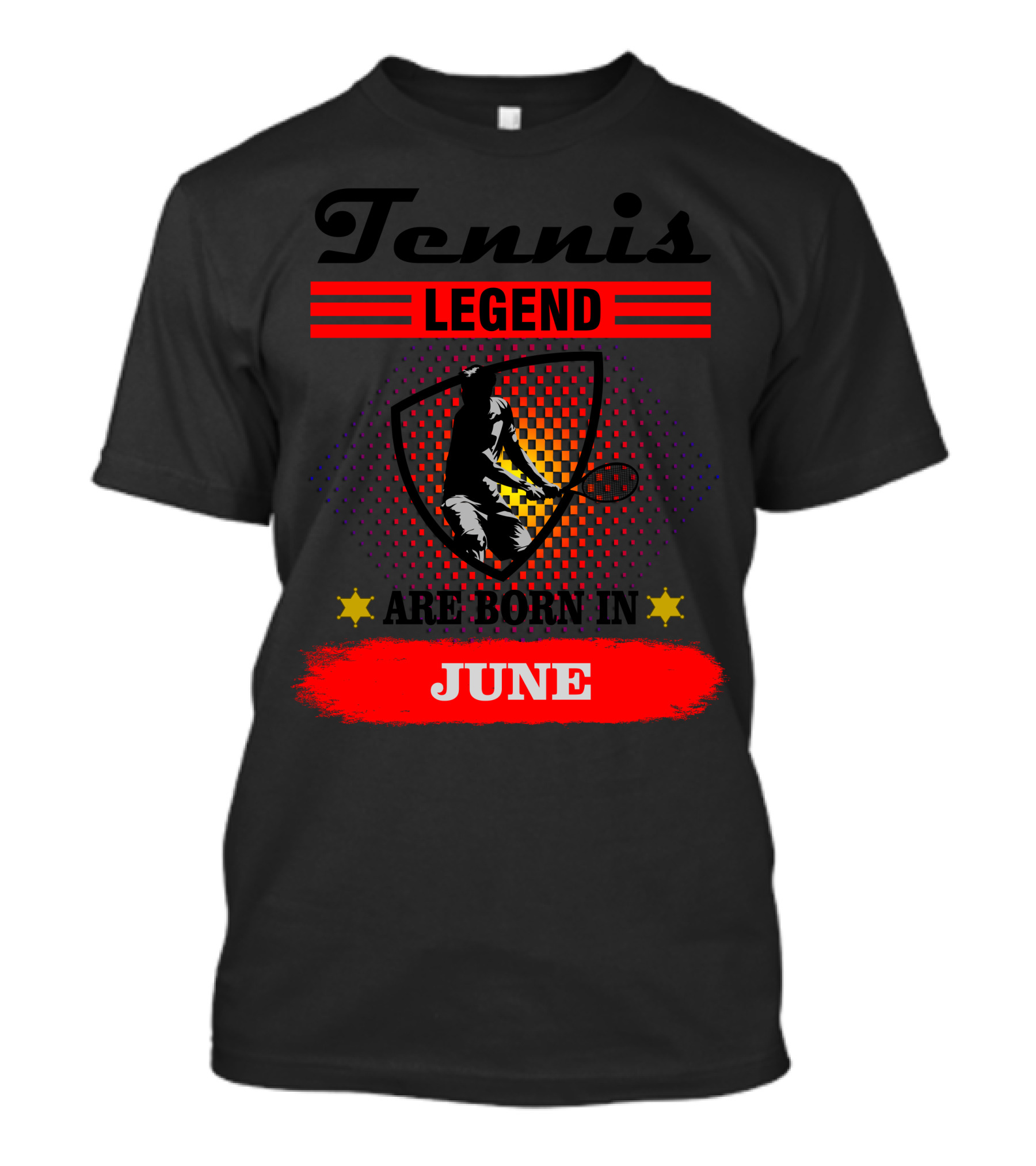 Tennis Legend June Born Stars: Iconic Tennis Player With Shield And Bold Red Highlights T-Shirt