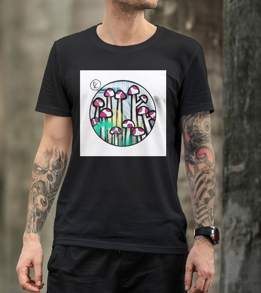 World Of Fungus Psychedelic Mushroom Circle Sketch T-Shirt