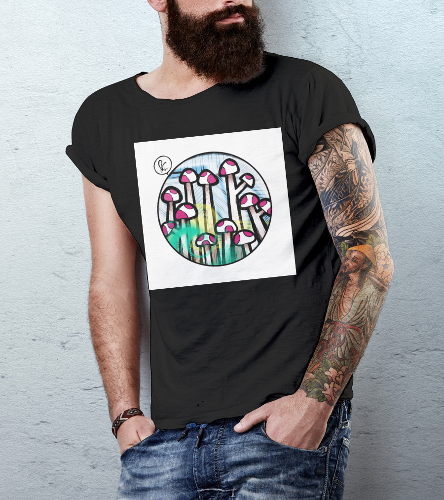 World Of Fungus Psychedelic Mushroom Circle Sketch T-Shirt