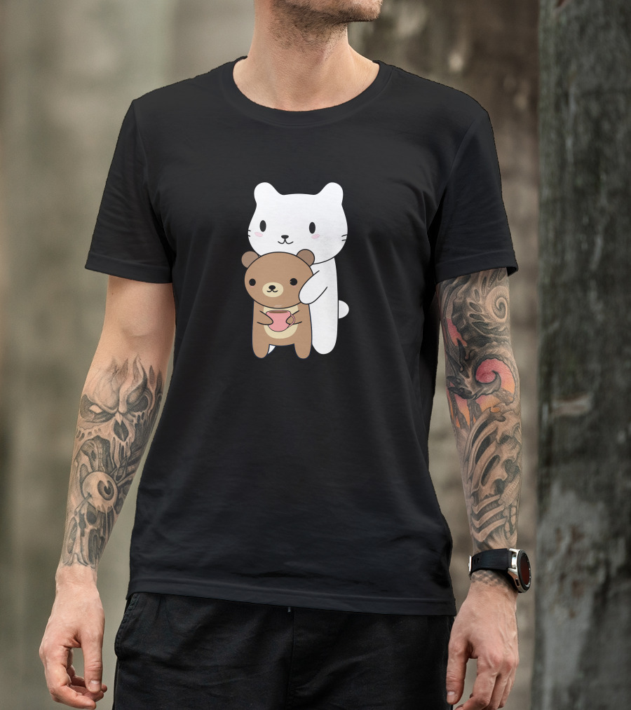 Cat Embracing Brown Bear With Pink Mug T-Shirt
