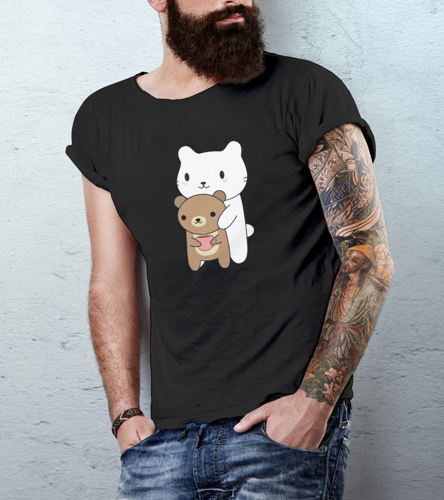 Cat Embracing Brown Bear With Pink Mug T-Shirt