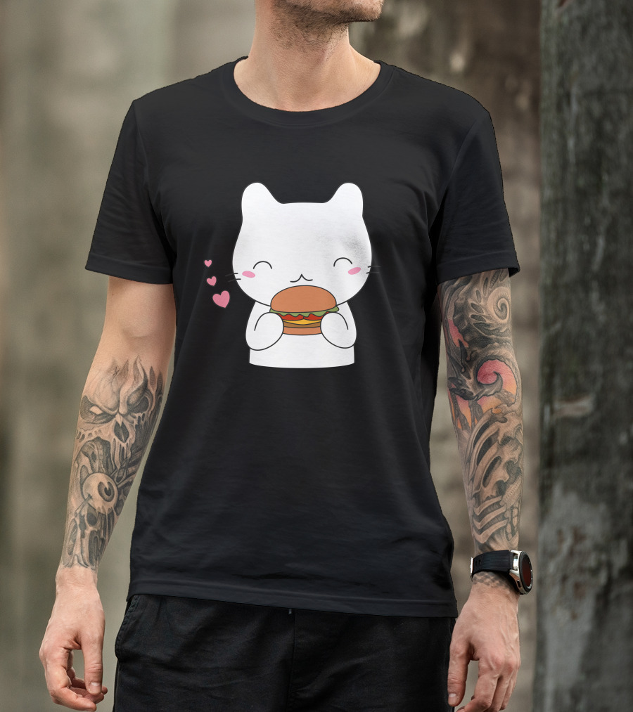 Cat Eating A Burger With Hearts And Whiskers T-Shirt