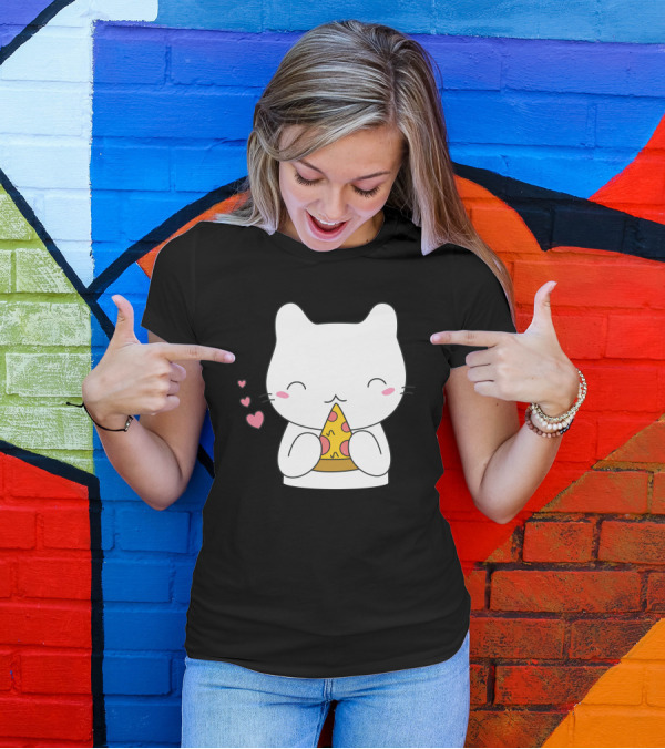 Cat Enjoying Pizza Slice With Hearts T-Shirt