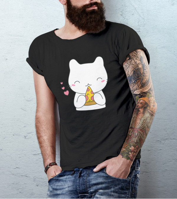 Cat Enjoying Pizza Slice With Hearts T-Shirt