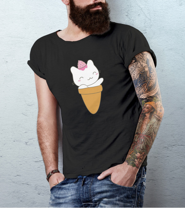 Cat In Ice Cream Cone With Pink Scoop On Head T-Shirt